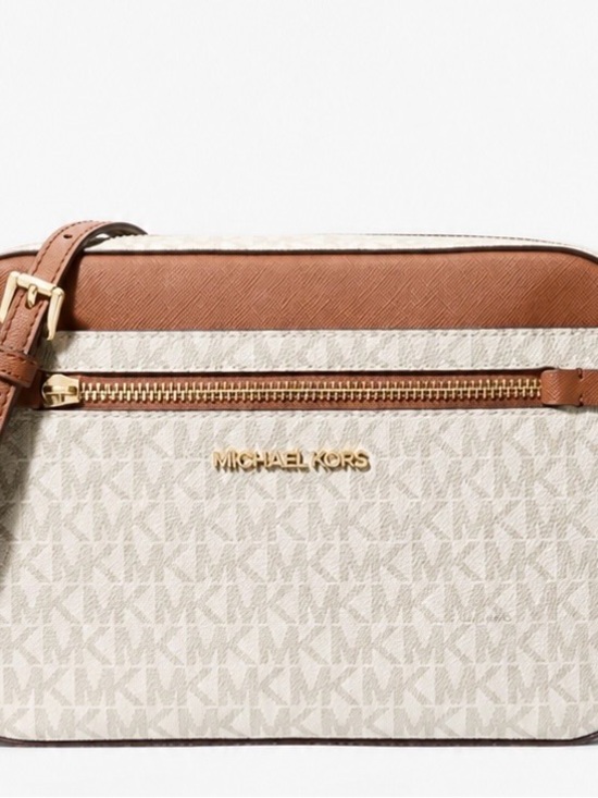 Michael Kors Handbags - Michael Kors Beige and Brown MK Logo Crossbody Bag
